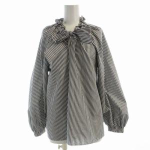 23SS ストライプギャザーブラウス シャツ リボン 長袖 M 黒 ブラック 白 ホワイト 12-3108035