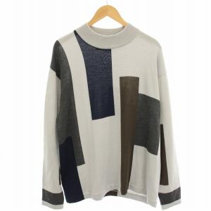 カラーブロックモックネックニット セーター ウール 総柄 長袖 2 グレー 紺 ネイビー 茶 ブラウン