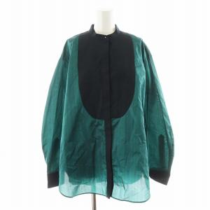 シャツ ブラウス 長袖 ストライプ柄 シルク混 絹 36 黒 ブラック 緑 グリーン 8611-299-0177