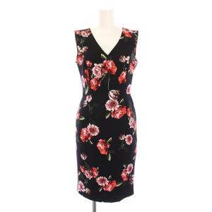 タイトワンピース ひざ丈 ノースリーブ Vネック 花柄 34 黒 ブラック 赤 レッド /BB