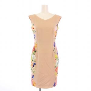 タイトワンピース ひざ丈 ノースリーブ Vネック 花柄 36 ピンクベージュ マルチカラー /BB