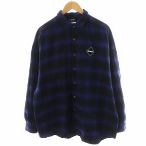 23AW ネルシャツ 長袖 ロゴ プリント チェック柄 L 紺 ネイビー 黒 ブラック FCRB-232072