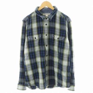 × アウターノウン Outerknown シャツ 長袖 チェック柄 コットン L 青 ブルー 緑 グリーン