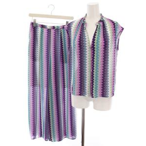 19SS セットアップ 上下 ウェーブストライププリント ブラウス ノースリーブ パンツ 総柄 36 紫