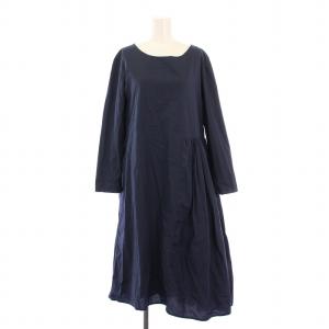 フレアワンピース ミモレ ロング 長袖 クルーネック アシンメトリー 無地 XS 紺 ネイビー /BB