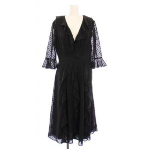フレアワンピース ミモレ ロング シースルー シアー 七分袖 Vネック フリル 1 黒 ブラック /BB