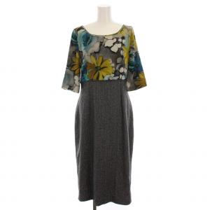 ワンピース ロング 花柄 切替 ヘリンボーン 七分袖 44 黒 グレー 黄色 青 /YM