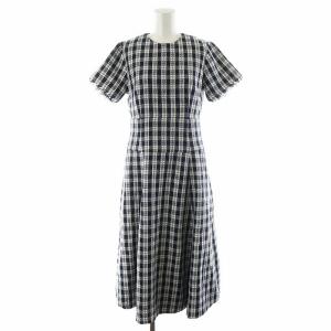 23SS ツイードフィットフレア ハーフスリーブ ワンピース ロング丈 半袖 チェック柄 S 紺 ネイビー