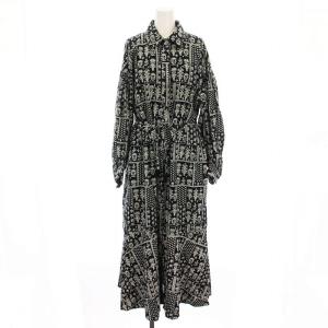 クリンプコットンパッチワークシャツワンピース ロング 総柄 長袖 M 紺 緑 010432GQ2 /YM