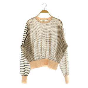 ニット セーター 長袖 ボーダー アシンメトリー シアー リネン混 ピンク /MY OS