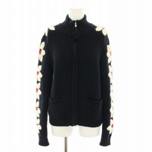 ニットジャケット ニットカーディガン 長袖 花柄 刺繍 アンゴラ混 XS 紺 ネイビー 白 ホワイト 41431