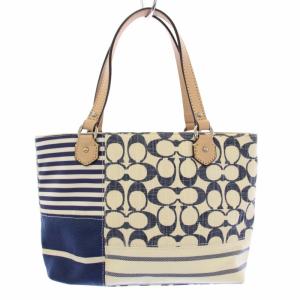 COACH ハンドバッグ シグネチャー ボーダー キャンバス 紺 白 F49905 /TK