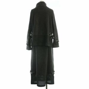 POTECHINO セットアップ カーディガン ニット フレアスカート マキシ ロング 花モチーフ 長袖 グレー P04-95253