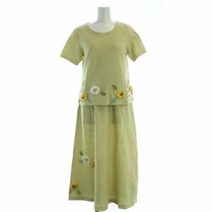 セットアップ カットソー フレアスカート マキシ ロング 花モチーフ 半袖 ライトグリーン /RO