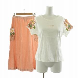 セットアップ フレアスカート Tシャツ 半袖 ロング チェック フラワーモチーフ ホワイト オレンジ P02-93352