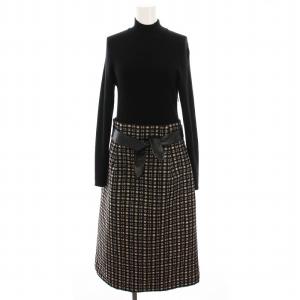 ワンピース ロング ニット 切替 チェック 長袖 38 黒 ベージュ G5J82-200-09 /YM