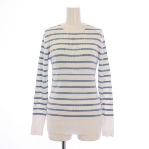 24SS リブニット 長袖 クルーネック ストレッチ 薄手 ボーダー柄 F 白 ホワイト 水色 ライトブルー