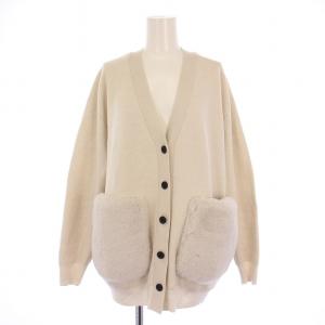 ウールポリエステルミラノリブファーポケットカーディガン ニット 長袖 Vネック フェイクファー 切替 S