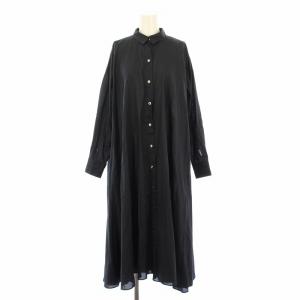 シャツワンピース フレア ミモレ ロング 長袖 レギュラーカラー 無地 F 紺 ネイビー /BB