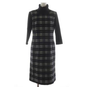 ワンピース タートルネック ひざ丈 チェック柄 七分袖 切替 ニット 9AR 黒 ECEAJ-71390