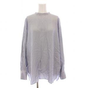 22AW ノーカラーシャツ ブラウス バンドカラー ストライプ 長袖 白 青 22051900049040