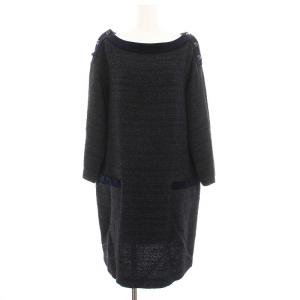 ツイード ワンピース ひざ丈 長袖 13 紺 B0218BFB014 /YM