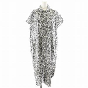 × リバティ LIBERTY ワンピース ロング丈 半袖 花柄 コットン M 白 ホワイト 黒 ブラック
