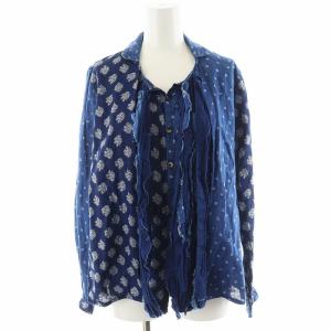 シャツ ブラウス 長袖 総柄 コットン 麻 リネン混 XS 青 ブルー /AN35