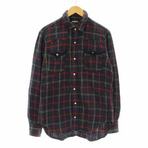 シャツ カジュアルシャツ 長袖 チェック柄 XL 紺 ネイビー 赤 レッド /KU