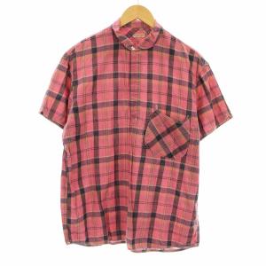 カジュアルシャツ プルオーバー 半袖 ハーフボタン チェック柄 麻 リネン混 L ピンク 紺 ネイビー