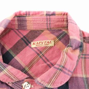 KAPITAL カジュアルシャツ プルオーバー 半袖 ハーフボタン チェック柄 麻 リネン混 L ピンク 紺 ネイビー