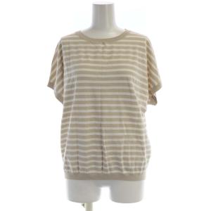 23SS レーヨンポリエステルストレッチ プルオーバー ニット ボーダー 半袖 38 ベージュ 白 ホワイト