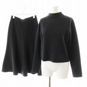 23AW セットアップ ニット カットソー 長袖 フレアスカート ひざ丈 パール ハイネック ウール 38