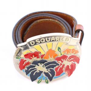 バックルベルト レザー ロゴ ハイビスカスモチーフ M 茶 ブラウン /BB