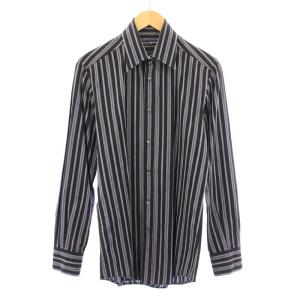 カジュアルシャツ 長袖 レギュラーカラー ストライプ柄 15.5/39 黒 ブラック グレー 青 ブルー