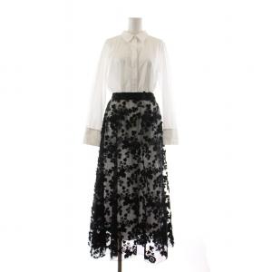 シャツワンピース ロング フレアレーススカート フラワーモチーフ 長袖 S ホワイト ブラック 01110550370