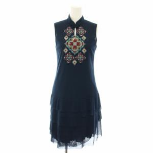 ワンピース ひざ丈 ノースリーブ ティアード インナーワンピース付き 刺繍 スパンコール 1 紺 ネイビー