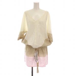 Cotton color blocked dress ミニ ワンピース 半袖 リネン混 S ホワイト カーキ