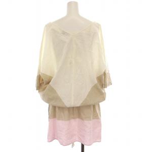 TORY BURCH Cotton color blocked dress ミニ ワンピース 半袖 リネン混 S ホワイト カーキ