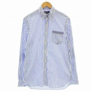 シャツ ストライプ パッチワーク ボタンダウン 0200011589 長袖 S 青 白 /G