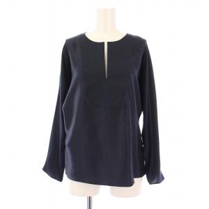 シャツ ブラウス プルオーバー 長袖 スキッパー 無地 シルク サテン 40 紺 ネイビー タグ付き /BB