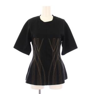 Tシャツ カットソー 半袖 クルーネック ストレッチ 刺繍 XXS 黒 ブラック /BB