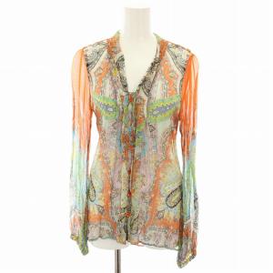 シャツ ブラウス キーネック 長袖 ペイズリー柄 シアー 絹 シルク 42 オレンジ 121-18788-4566