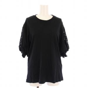 Tシャツ カットソー 半袖 クルーネック レース 切替 ロゴ 刺繍 IT36 黒 ブラック /BB