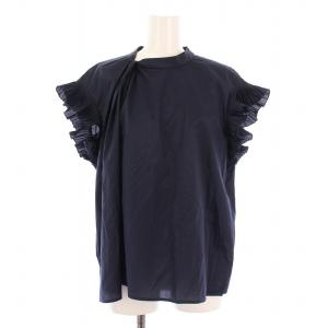 ライトローンプリーツコンビブラウス シャツ 半袖 フリル ストレッチ 無地 40 紺 ネイビー M5M19-384-28