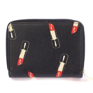 YVES SAINT LAURENT カサンドラ ロゴ リップ柄 二つ折り財布 コンパクトウォレット レザー ラウンドファスナー 総柄 黒 ブラック