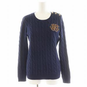 ケーブルニット セーター 長袖 ワッペン コットン XS 紺 ネイビー /AN8