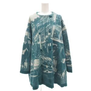 ダブルニットジャケット ノーカラー 総柄 9 緑 グリーン 白 ホワイト /GV