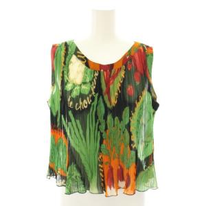 シアーシャツ ブラウス ノースリーブ プリーツ 野菜柄 9 黒 ブラック 緑 グリーン 5632237