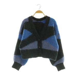 カーディガン ニット 長袖 ボリュームスリーブ 総柄 F ブルー /MY OS